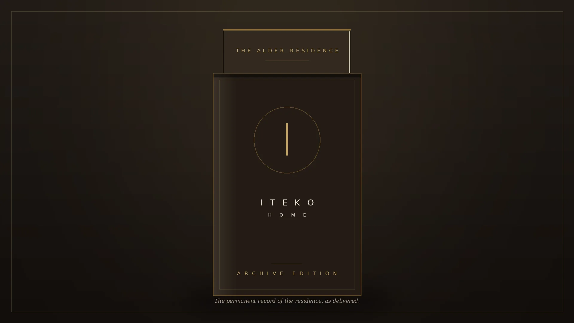 Brand illustration of the Iteko Archive Edition: a bound archival volume rising from its gold-detailed slipcase, with the Iteko Home mark.