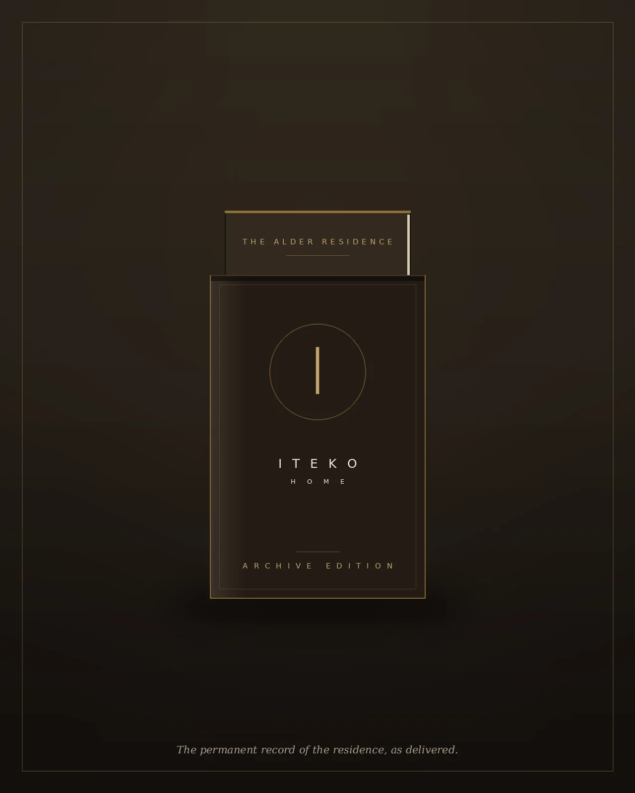 Brand illustration of the Iteko Archive Edition: a bound archival volume rising from its gold-detailed slipcase.